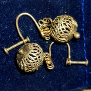 Art Deco Style Brass Filigree Screw Back Dangle Ball Earrings
